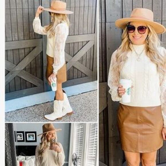 New Long Lace Sleeve Pullover Knit Sweater Top In Beige - Picture 2 of 6